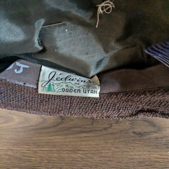 vintage 60s jedwins of ogden brown wool hat feather w pin beret  inside measures main image 5